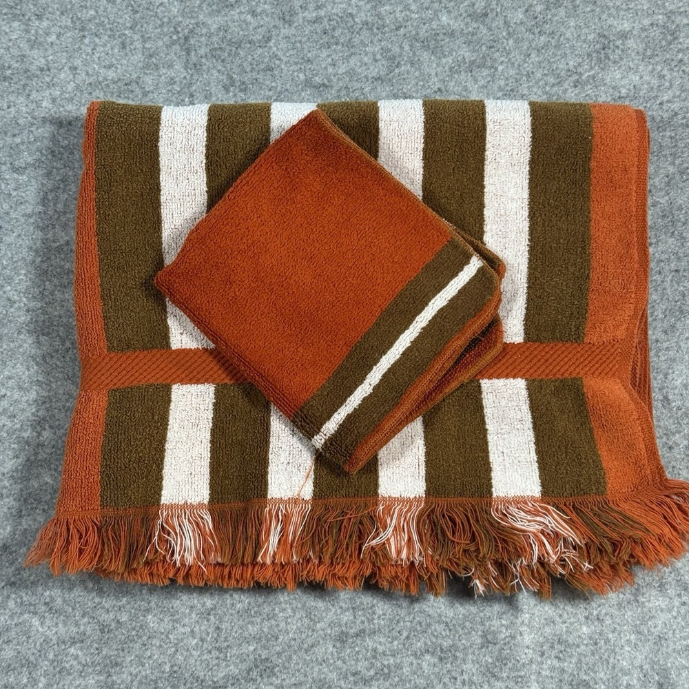 Vintage Sears 70s Striped Brown, White & Orange Fringe Bath Towel Washcloth Set